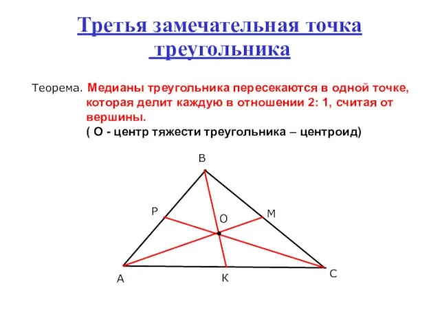 Третья замечательная точка треугольника Теорема. Медианы треугольника пересекаются в одной точке, которая