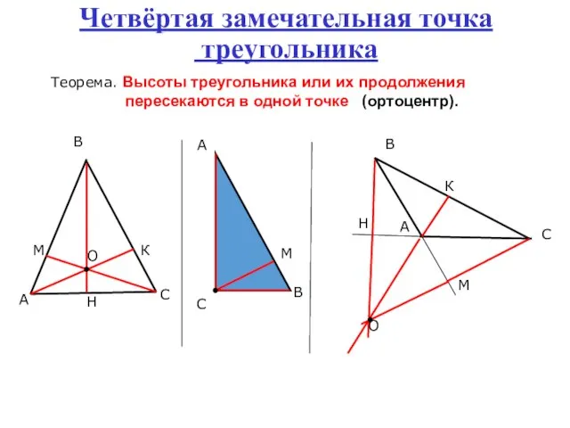 Четвёртая замечательная точка треугольника Теорема. Высоты треугольника или их продолжения пересекаются в одной точке (ортоцентр).