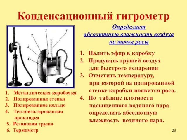 Конденсационный гигрометр Металлическая коробочка Полированная стенка Полированное кольцо Теплоизолированная прокладка 5. Резиновая