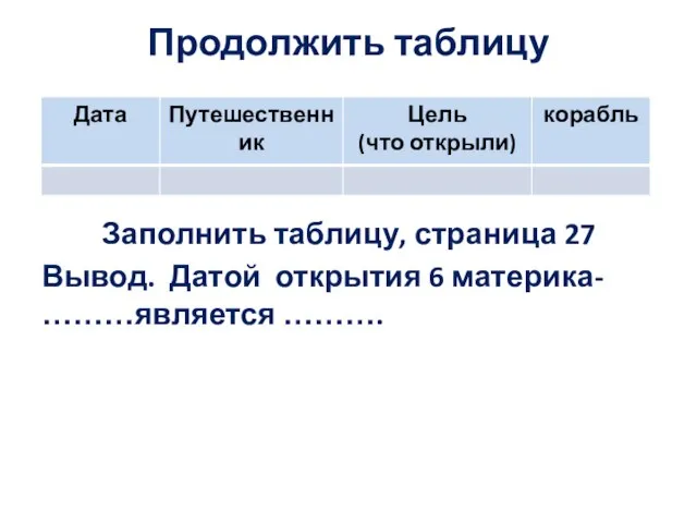 Продолжить таблицу Заполнить таблицу, страница 27 Вывод. Датой открытия 6 материка- ………является ……….