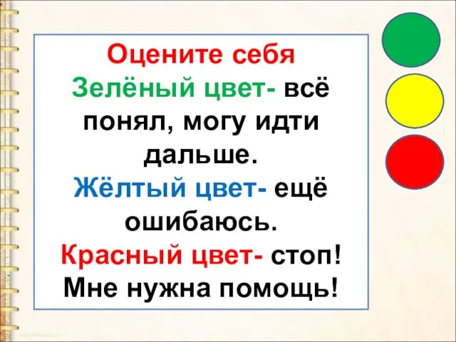 Оцените себя Зелёный цвет- всё понял, могу идти дальше. Жёлтый цвет- ещё