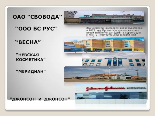 “ДЖОНСОН И ДЖОНСОН” ОАО “СВОБОДА’’ “ООО БС РУС” “ВЕСНА” Это Брянский мыловаренный