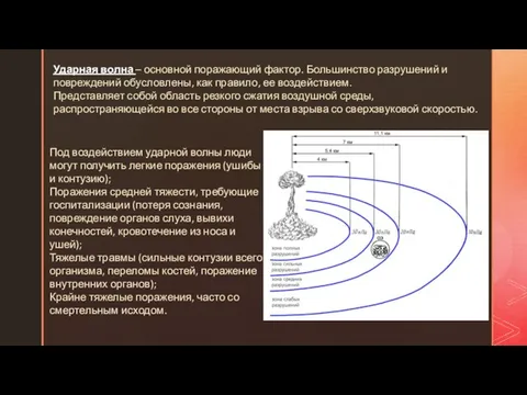 Ударная волна – основной поражающий фактор. Большинство разрушений и повреждений обусловлены, как