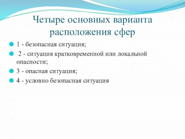 Четыре основных варианта расположения сфер 1 - безопасная ситуация; 2 - ситуация