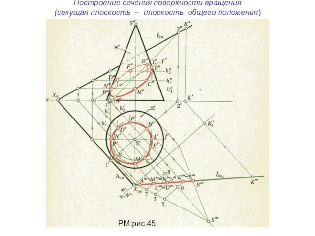 Построение сечения поверхности вращения (секущая плоскость – плоскость общего положения) РМ:рис.45