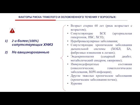 ФАКТОРЫ РИСКА ТЯЖЕЛОГО И ОСЛОЖНЕННОГО ТЕЧЕНИЯ У ВЗРОСЛЫХ: Возраст старше 60 лет