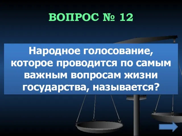 ВОПРОС № 12 Народное голосование, которое проводится по самым важным вопросам жизни государства, называется?