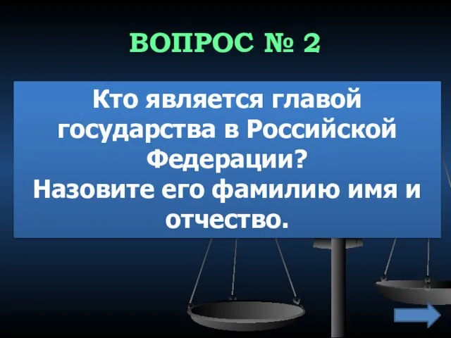 ВОПРОС № 2 Кто является главой государства в Российской Федерации? Назовите его фамилию имя и отчество.