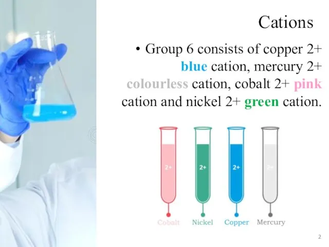 Cations Group 6 consists of copper 2+ blue cation, mercury 2+ colourless