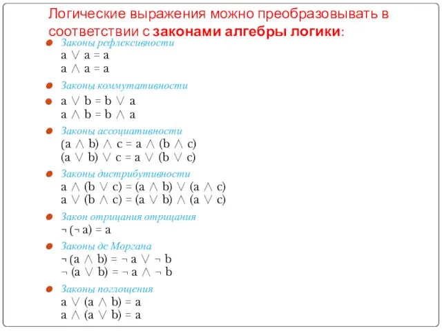 Логические выражения можно преобразовывать в соответствии с законами алгебры логики: Законы рефлексивности