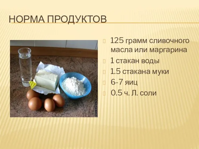 НОРМА ПРОДУКТОВ 125 грамм сливочного масла или маргарина 1 стакан воды 1.5