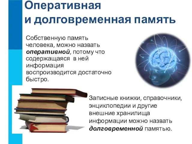 Оперативная и долговременная память Собственную память человека, можно назвать оперативной, потому что