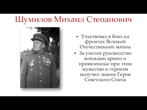 Шумилов Михаил Степанович Участвовал в боях на фронтах Великой Отечественной войны За