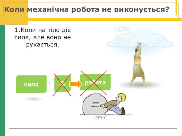 1.Коли на тіло діє сила, але воно не рухається. сила х S