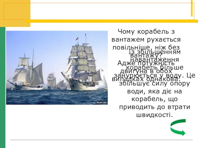 Чому корабель з вантажем рухається повільніше, ніж без вантажу? Адже потужність двигуна