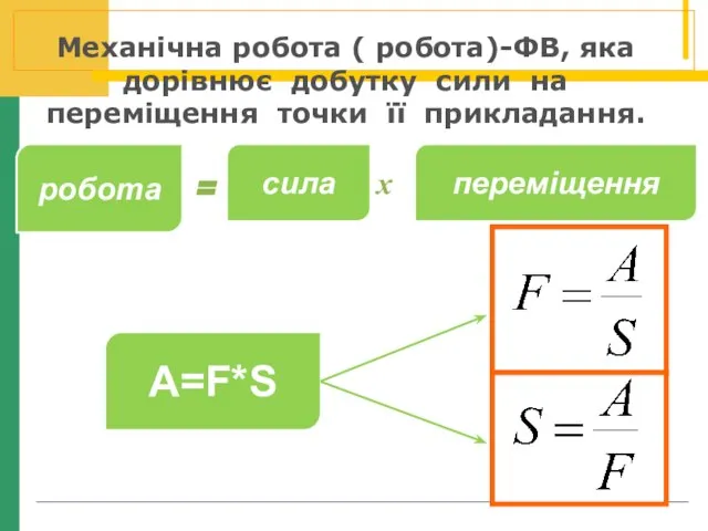 х = робота переміщення сила A=F*S Механічна робота ( робота)-ФВ, яка дорівнює