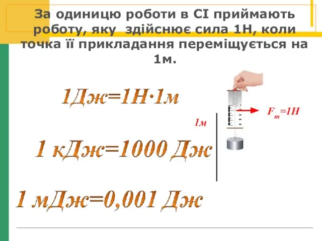 За одиницю роботи в СІ приймають роботу, яку здійснює сила 1Н, коли