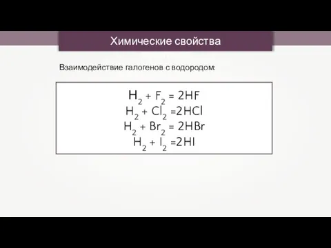 Химические свойства галогенов Взаимодействие галогенов с водородом: Н2 + F2 = 2HF