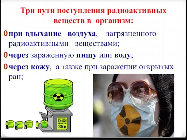 Три пути поступления радиоактивных веществ в организм: при вдыхание воздуха, загрязненного радиоактивными
