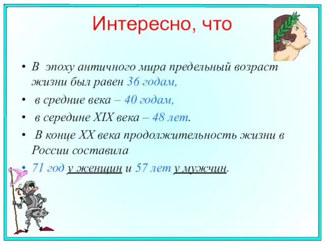 Интересно, что В эпоху античного мира предельный возраст жизни был равен 36