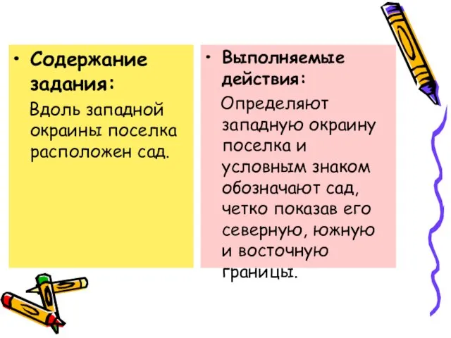 Содержание задания: Вдоль западной окраины поселка расположен сад. Выполняемые действия: Определяют западную