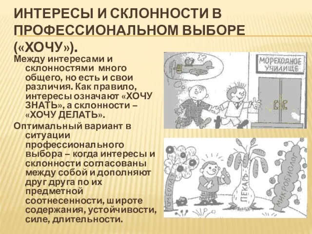 ИНТЕРЕСЫ И СКЛОННОСТИ В ПРОФЕССИОНАЛЬНОМ ВЫБОРЕ («ХОЧУ»). Между интересами и склонностями много