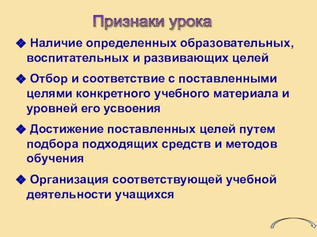 Наличие определенных образовательных, воспитательных и развивающих целей Отбор и соответствие с поставленными