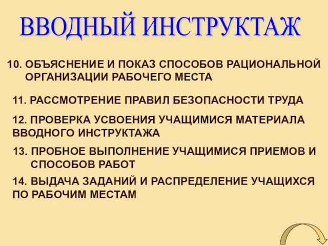 ВВОДНЫЙ ИНСТРУКТАЖ 12. ПРОВЕРКА УСВОЕНИЯ УЧАЩИМИСЯ МАТЕРИАЛА ВВОДНОГО ИНСТРУКТАЖА 10. ОБЪЯСНЕНИЕ И