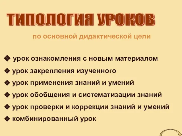 ТИПОЛОГИЯ УРОКОВ по основной дидактической цели урок ознакомления с новым материалом урок