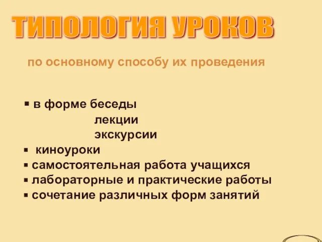 ТИПОЛОГИЯ УРОКОВ по основному способу их проведения в форме беседы лекции экскурсии