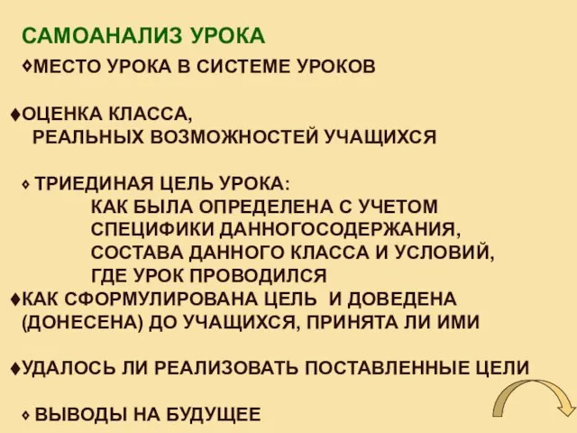 САМОАНАЛИЗ УРОКА ⬧МЕСТО УРОКА В СИСТЕМЕ УРОКОВ ОЦЕНКА КЛАССА, РЕАЛЬНЫХ ВОЗМОЖНОСТЕЙ УЧАЩИХСЯ