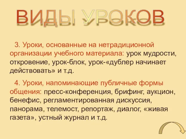 ВИДЫ УРОКОВ 3. Уроки, основанные на нетрадиционной организации учебного материала: урок мудрости,