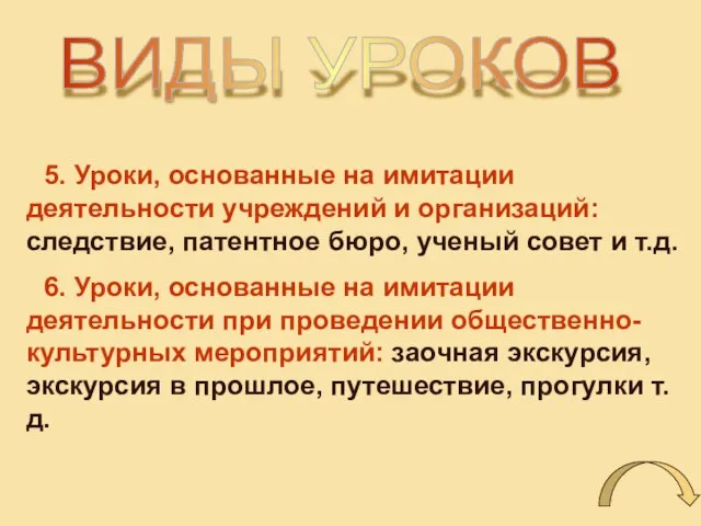 ВИДЫ УРОКОВ 5. Уроки, основанные на имитации деятельности учреждений и организаций: следствие,