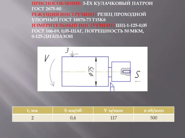 ПРИСПОСОБЛЕНИЕ: 3-ЁХ КУЛАЧКОВЫЙ ПАТРОН ГОСТ 2675-80 РЕЖУЩИЙ ИНСТРУМЕНТ: РЕЗЕЦ ПРОХОДНОЙ УПОРНЫЙ ГОСТ