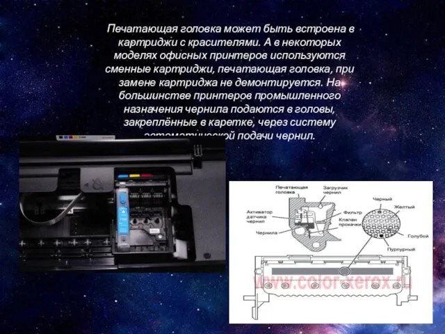 Печатающая головка может быть встроена в картриджи с красителями. А в некоторых