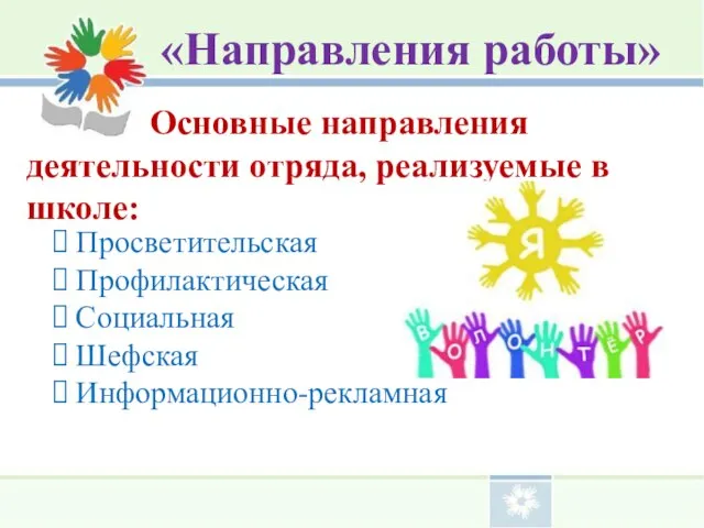 Основные направления деятельности отряда, реализуемые в школе: Просветительская Профилактическая Социальная Шефская Информационно-рекламная «Направления работы»