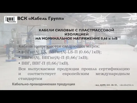 Кабели выпускаются следующих марок: • ВВГнг(А)-LS, ВВГнг(А)-LS-П (0.66/1кВ); • ВВГнг(А), ВВГнг(А)-П (0,66/1кВ);