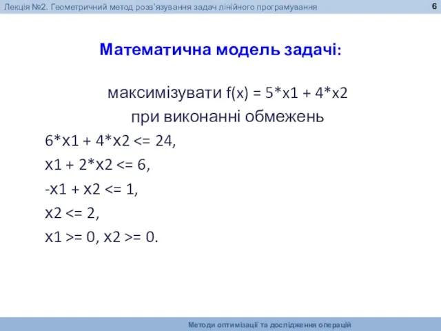 Математична модель задачі: максимізувати f(x) = 5*x1 + 4*x2 при виконанні обмежень