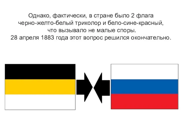 Однако, фактически, в стране было 2 флага черно-желто-белый триколор и бело-сине-красный, что