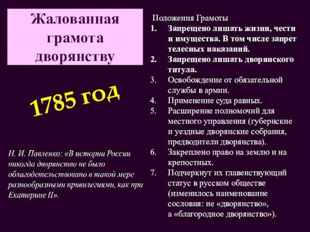 Жалованная грамота дворянству Положения Грамоты Запрещено лишать жизни, чести и имущества. В