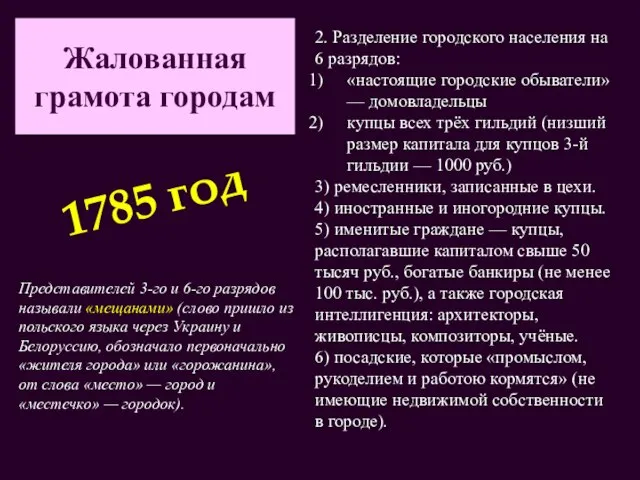 Жалованная грамота городам 2. Разделение городского населения на 6 разрядов: «настоящие городские