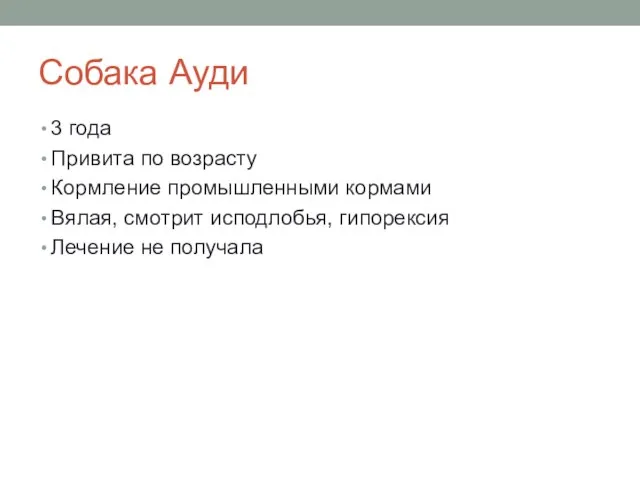 Собака Ауди 3 года Привита по возрасту Кормление промышленными кормами Вялая, смотрит