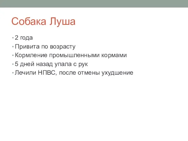 Собака Луша 2 года Привита по возрасту Кормление промышленными кормами 5 дней