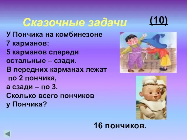 (10) 16 пончиков. Сказочные задачи У Пончика на комбинезоне 7 карманов: 5