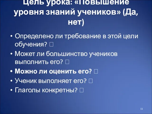 Цель урока: «Повышение уровня знаний учеников» (Да, нет) Определено ли требование в