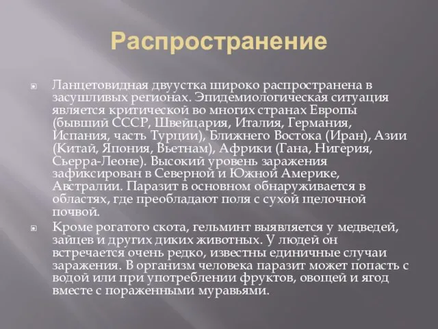 Распространение Ланцетовидная двуустка широко распространена в засушливых регионах. Эпидемиологическая ситуация является критической