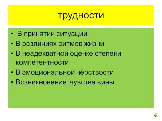 трудности В принятии ситуации В различиях ритмов жизни В неадекватной оценке степени