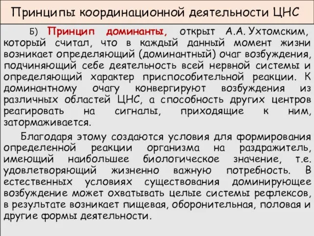 Принципы координационной деятельности ЦНС Б) Принцип доминанты, открыт А.А. Ухтомским, который считал,