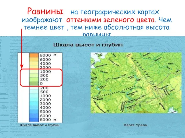 Равнины на географических картах изображают оттенками зеленого цвета. Чем темнее цвет ,