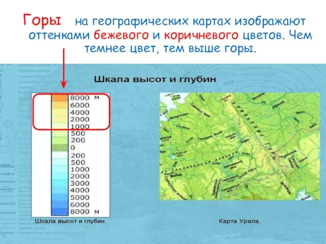 Горы на географических картах изображают оттенками бежевого и коричневого цветов. Чем темнее цвет, тем выше горы.